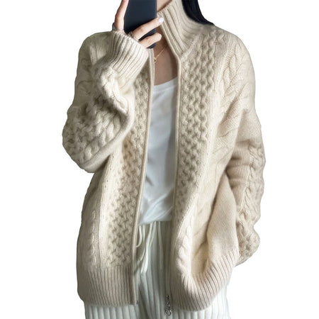 Thick Cashmere Women High Neck Zipper Sweater Cardigan - ANIBEY
