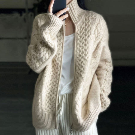 Thick Cashmere Women High Neck Zipper Sweater Cardigan - ANIBEY