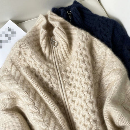 Thick Cashmere Women High Neck Zipper Sweater Cardigan - ANIBEY
