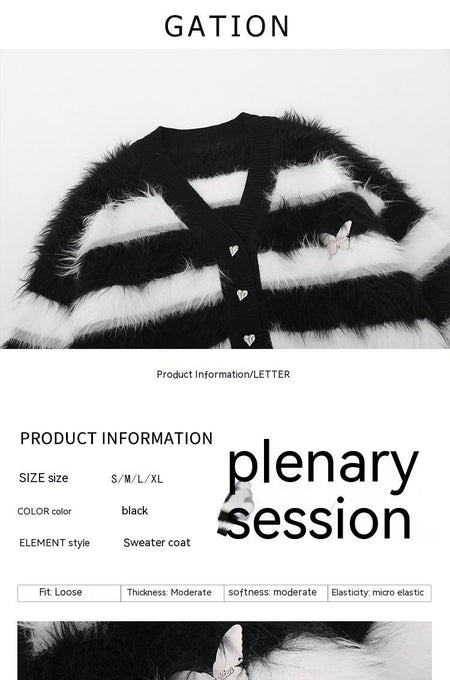 Black And White Striped Knitted Cardigan Jacket Casual Sweater - ANIBEY