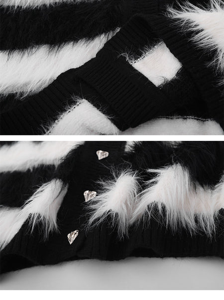 Black And White Striped Knitted Cardigan Jacket Casual Sweater - ANIBEY