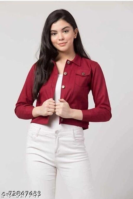 Denim Jacket for Women (Maroon, S) - ANIBEY