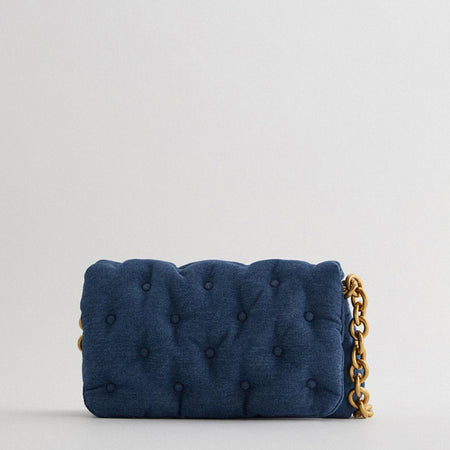 Blue oversized denim quilted shoulder messenger bag chain bag - ANIBEY