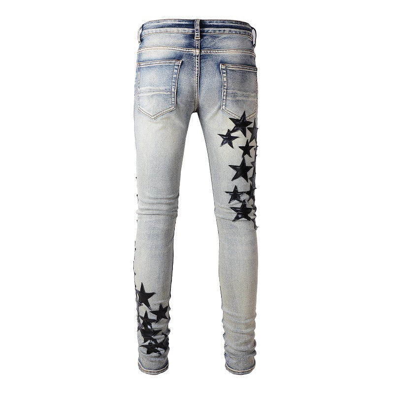 High Street Blue Five-pointed Star Stretch Slim Jeans - ANIBEY
