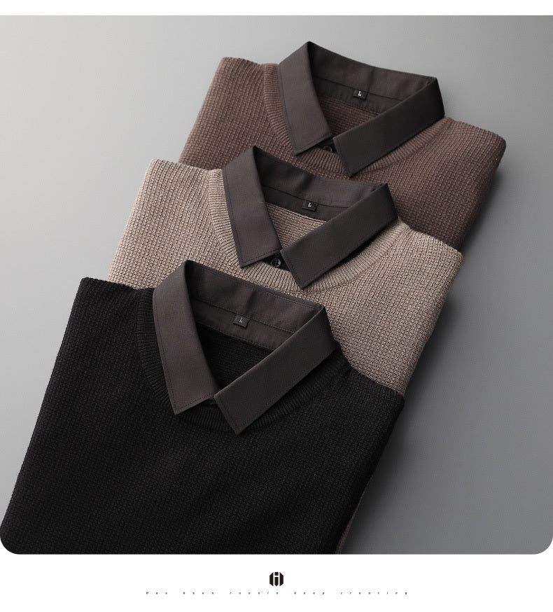 Fake Two-Piece Shirt Collar Knitted Sweater For Men - ANIBEY