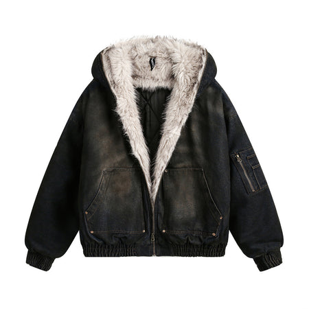 Distressed Dirty Denim Hooded Cotton Coat Jacket Winter Men - ANIBEY