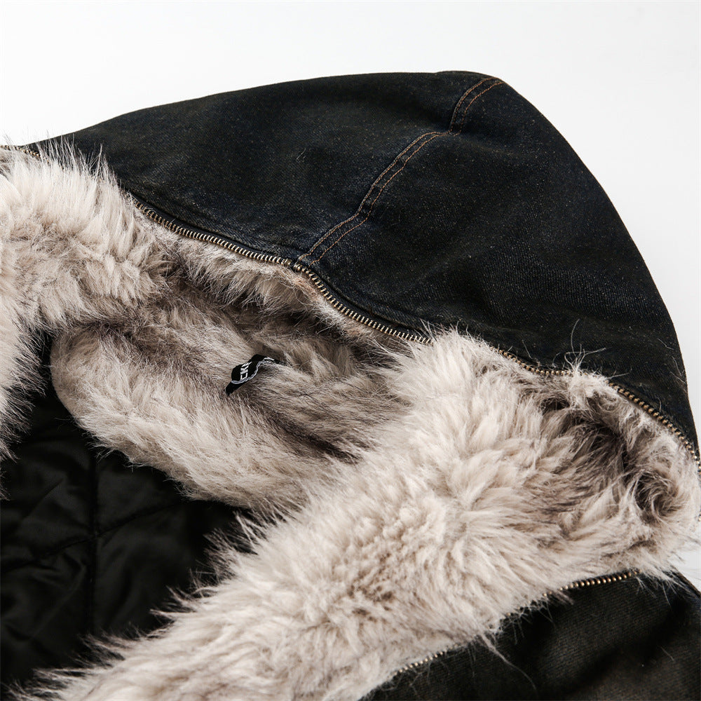 Distressed Dirty Denim Hooded Cotton Coat Jacket Winter Men - ANIBEY