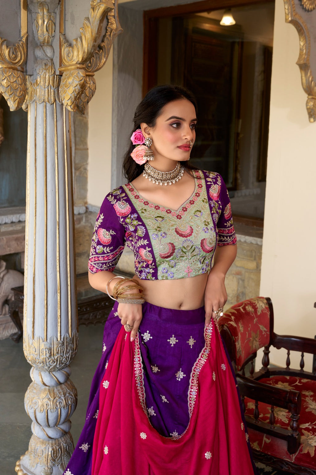 Purple traditional Elegance Sequence Thread Embroidery Work Lehenga - ANIBEY
