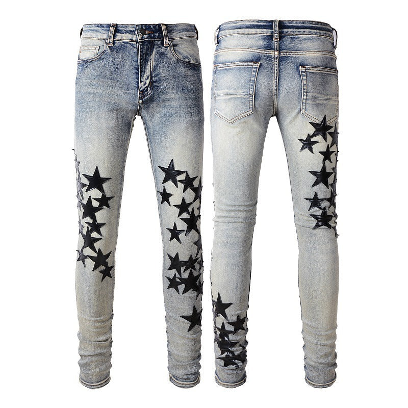 High Street Blue Five-pointed Star Stretch Slim Jeans - ANIBEY