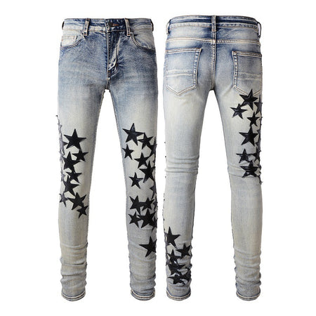 High Street Blue Five-pointed Star Stretch Slim Jeans - ANIBEY