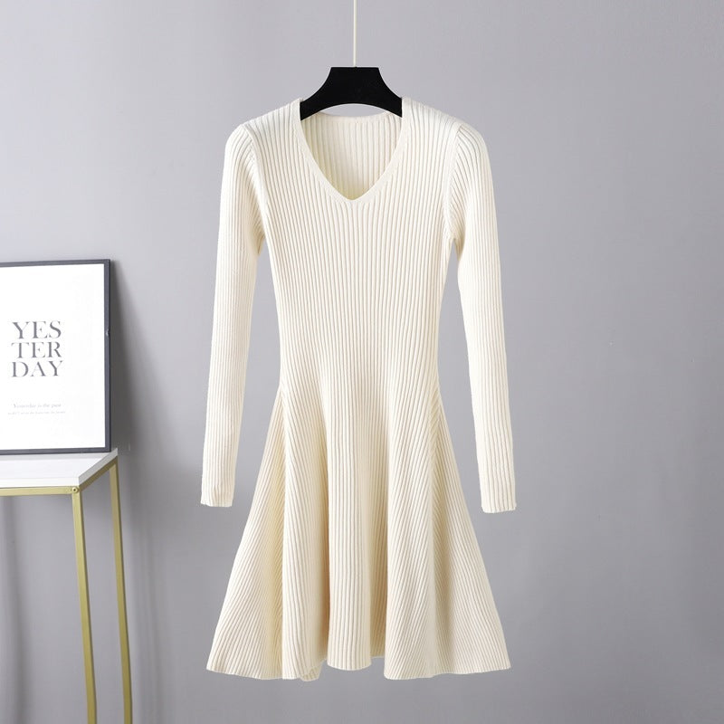 Woolen V-neck Long Sleeved Knitted Women's Dress - ANIBEY