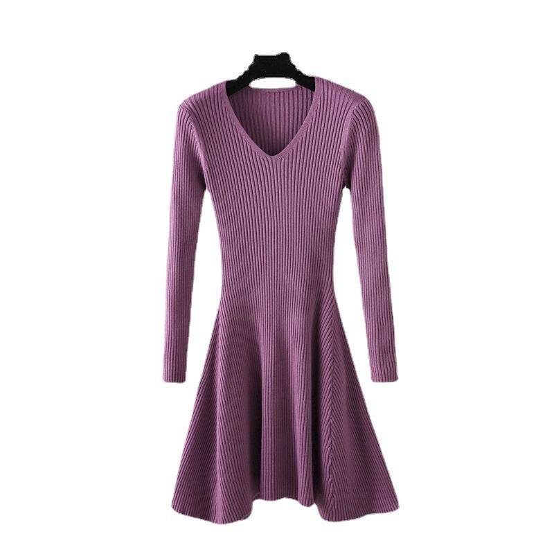 Woolen V-neck Long Sleeved Knitted Women's Dress - ANIBEY