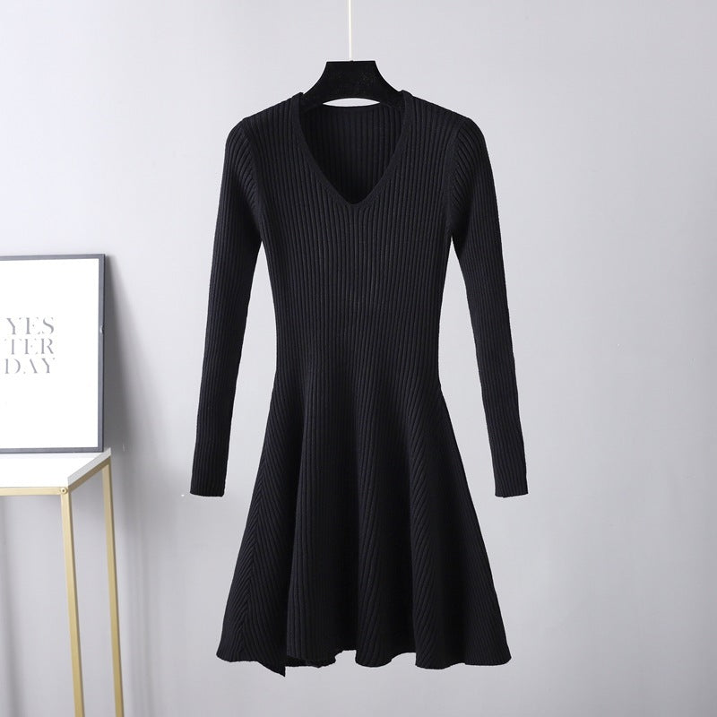 Woolen V-neck Long Sleeved Knitted Women's Dress - ANIBEY