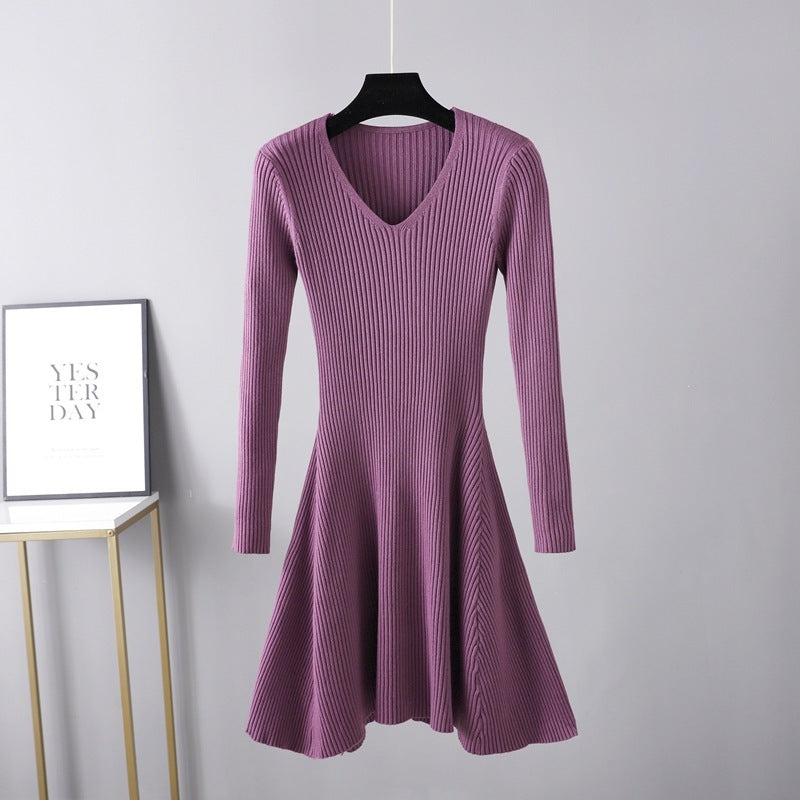Woolen V-neck Long Sleeved Knitted Women's Dress - ANIBEY