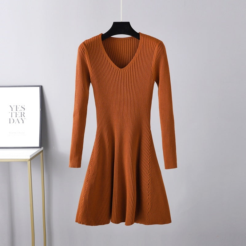 Woolen V-neck Long Sleeved Knitted Women's Dress - ANIBEY