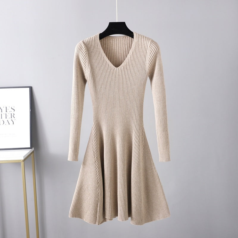 Woolen V-neck Long Sleeved Knitted Women's Dress - ANIBEY