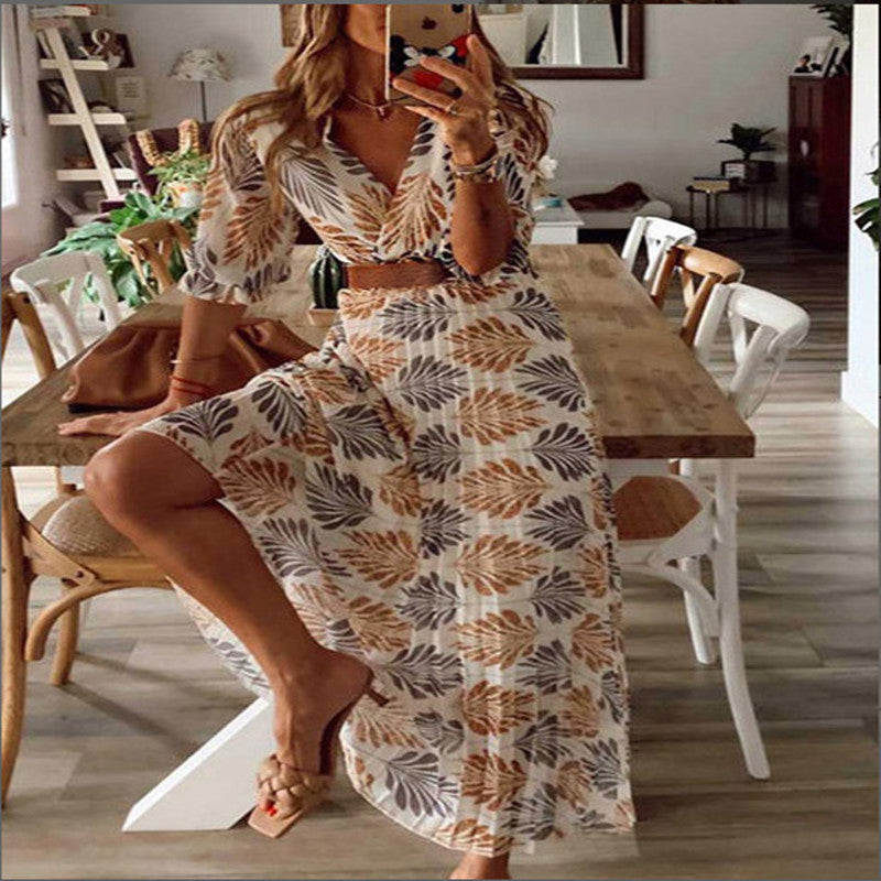 V-neck printed crimped holiday dress - ANIBEY