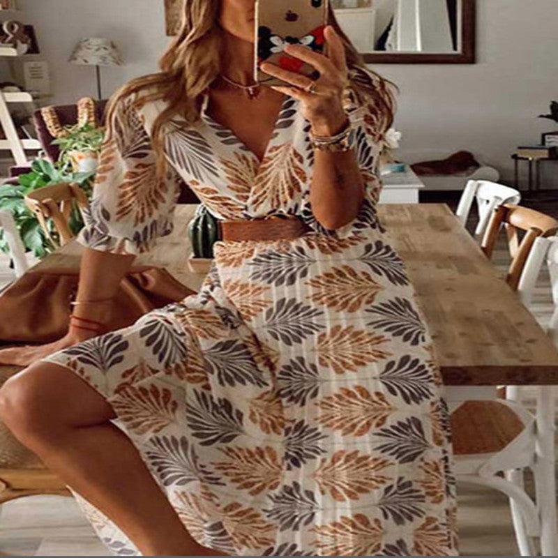 V-neck printed crimped holiday dress - ANIBEY