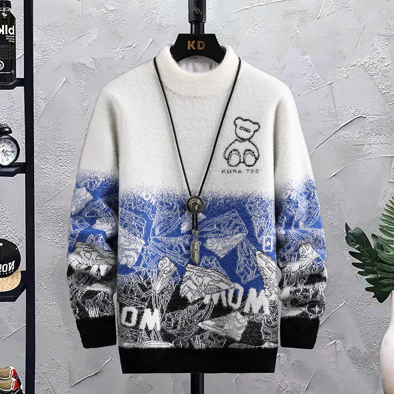 Fleece Patchwork Hip Hop Crew Neck Sweater for Men - ANIBEY