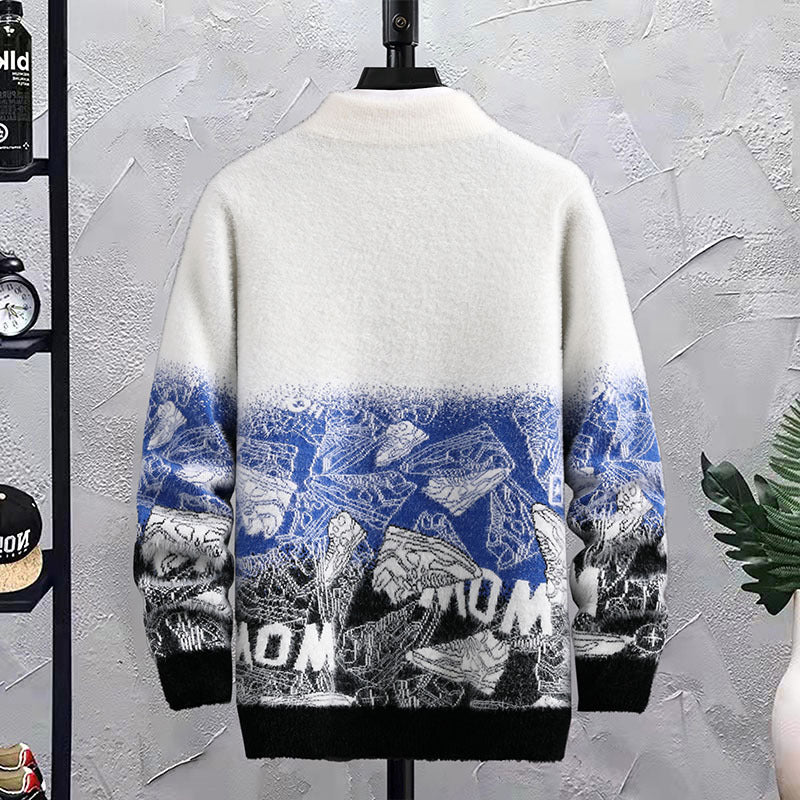 Fleece Patchwork Hip Hop Crew Neck Sweater for Men - ANIBEY