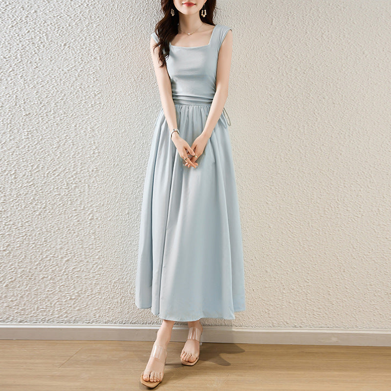 Summer Korean Style New Mori Sweet South Korea Dongdaemun Lady Square Collar Slimming Drawstring Design Vest Dress - ANIBEY
