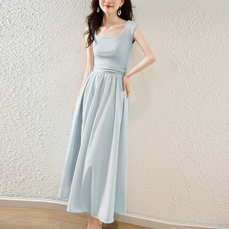 Summer Korean Style New Mori Sweet South Korea Dongdaemun Lady Square Collar Slimming Drawstring Design Vest Dress - ANIBEY
