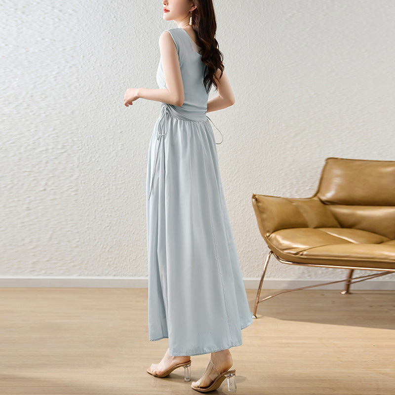 Summer Korean Style New Mori Sweet South Korea Dongdaemun Lady Square Collar Slimming Drawstring Design Vest Dress - ANIBEY