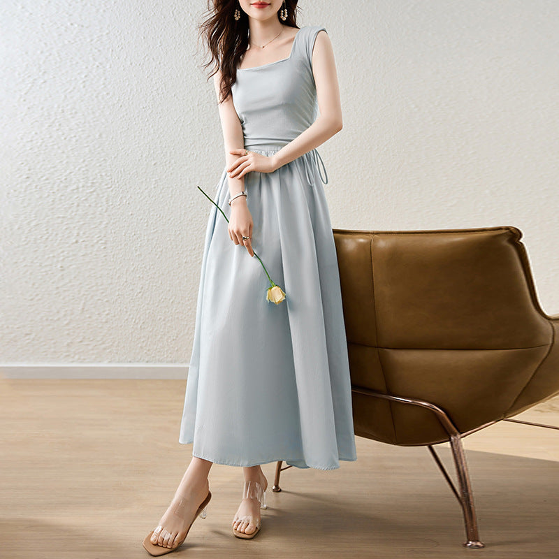 Summer Korean Style New Mori Sweet South Korea Dongdaemun Lady Square Collar Slimming Drawstring Design Vest Dress - ANIBEY