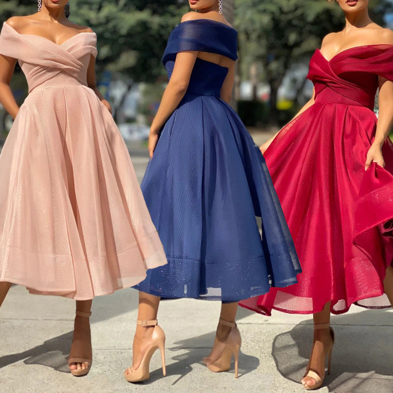 Womens Off Shoulder Raglan Sleeves Prom Dress - ANIBEY