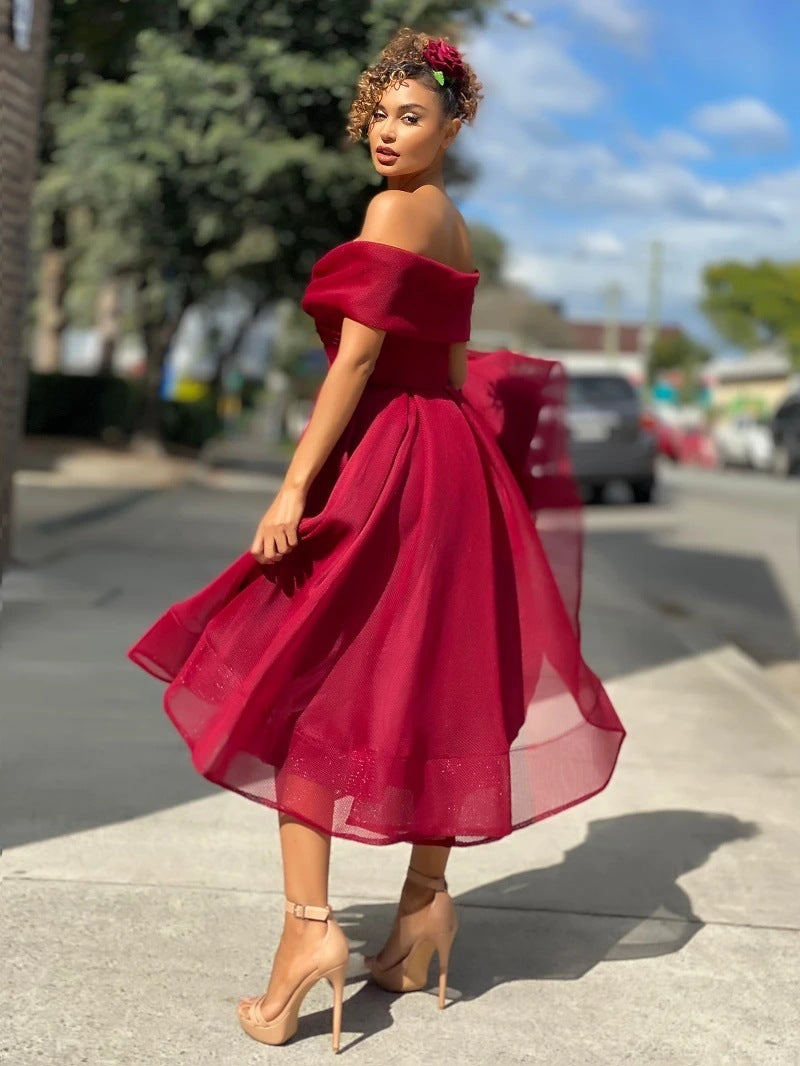 Womens Off Shoulder Raglan Sleeves Prom Dress - ANIBEY