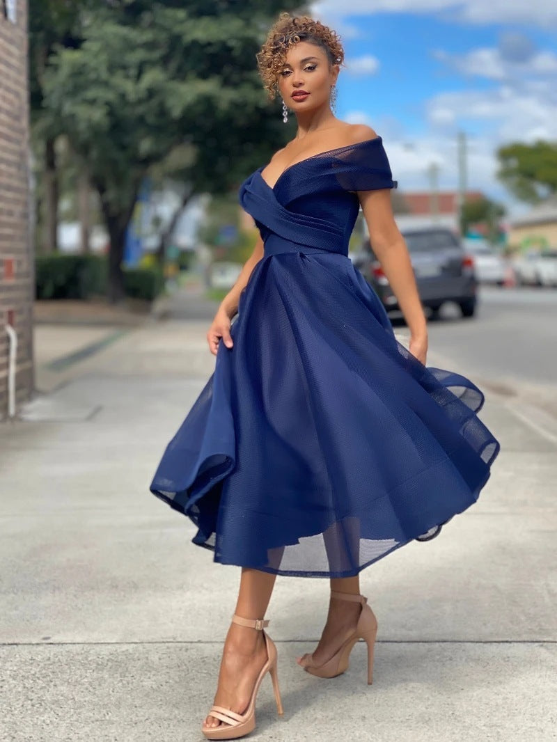 Womens Off Shoulder Raglan Sleeves Prom Dress - ANIBEY