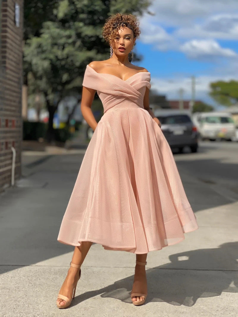 Womens Off Shoulder Raglan Sleeves Prom Dress - ANIBEY