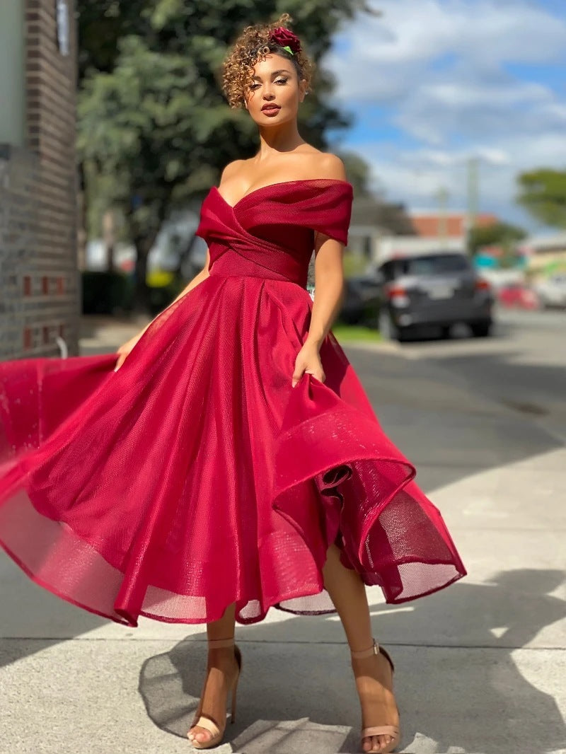 Womens Off Shoulder Raglan Sleeves Prom Dress - ANIBEY