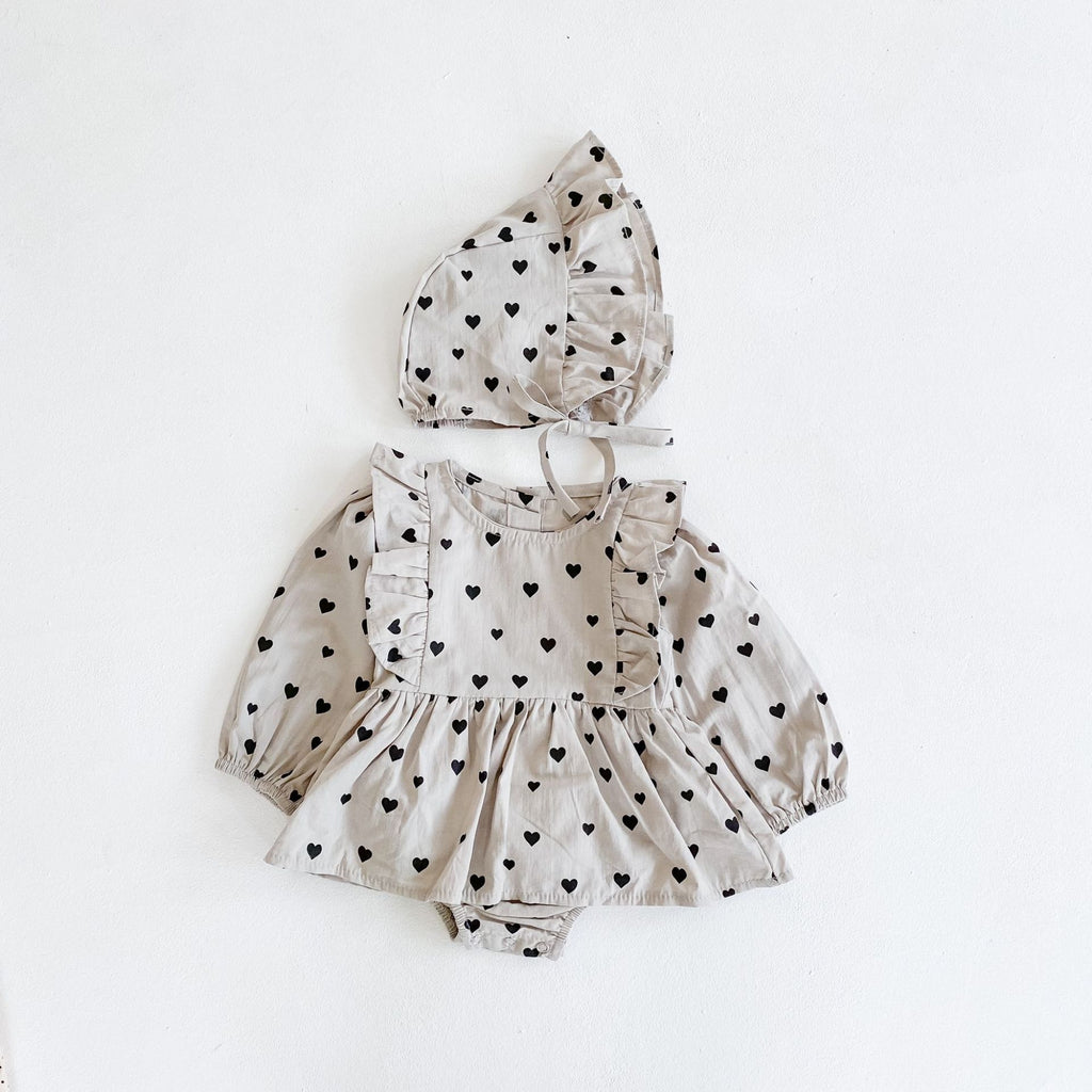 Autumn New Product Girl Baby Love Dress Long Sleeve Romper Baby Cotton One-Piece Climbing Clothes Free Hat - ANIBEY