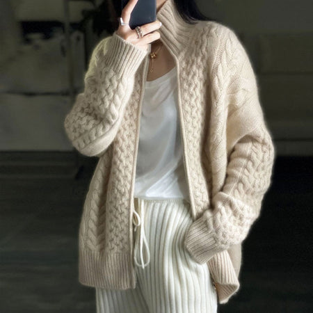 Thick Cashmere Women High Neck Zipper Sweater Cardigan - ANIBEY