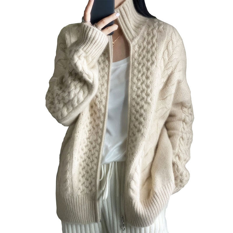 Thick Cashmere Women High Neck Zipper Sweater Cardigan - ANIBEY