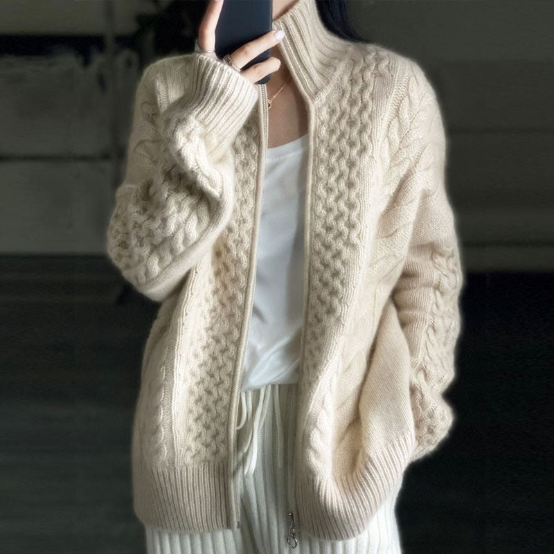 Thick Cashmere Women High Neck Zipper Sweater Cardigan - ANIBEY