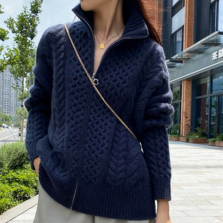 Thick Cashmere Women High Neck Zipper Sweater Cardigan - ANIBEY