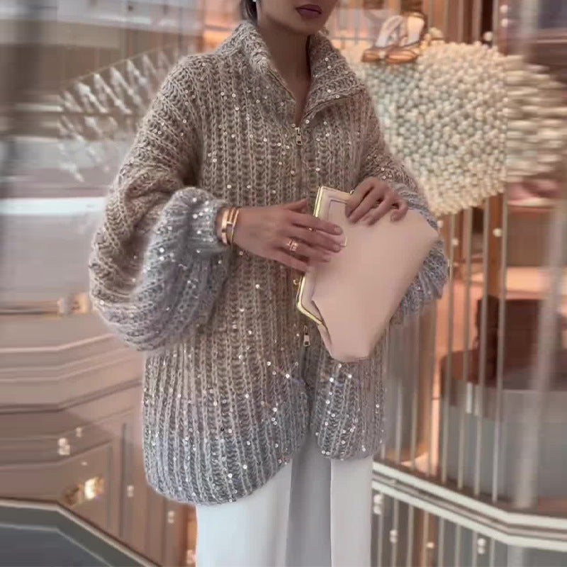 Heavy Embroidery Sequins Zipped Stand Collar Loose Sweater Coat Women - ANIBEY