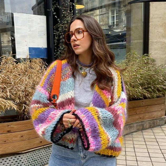 Women's Striped Long Sleeve Rainbow Plaid Cardigan Sweater - ANIBEY