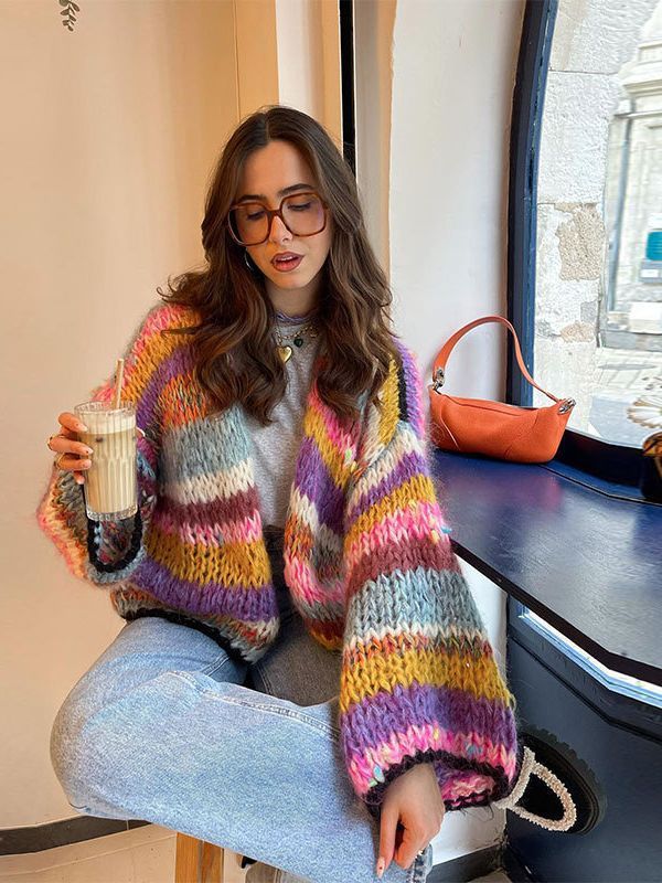 Women's Striped Long Sleeve Rainbow Plaid Cardigan Sweater - ANIBEY