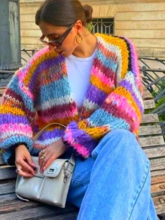 Women's Striped Long Sleeve Rainbow Plaid Cardigan Sweater - ANIBEY
