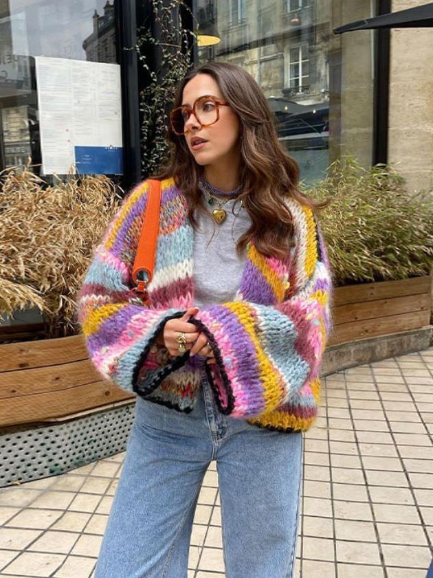 Women's Striped Long Sleeve Rainbow Plaid Cardigan Sweater - ANIBEY