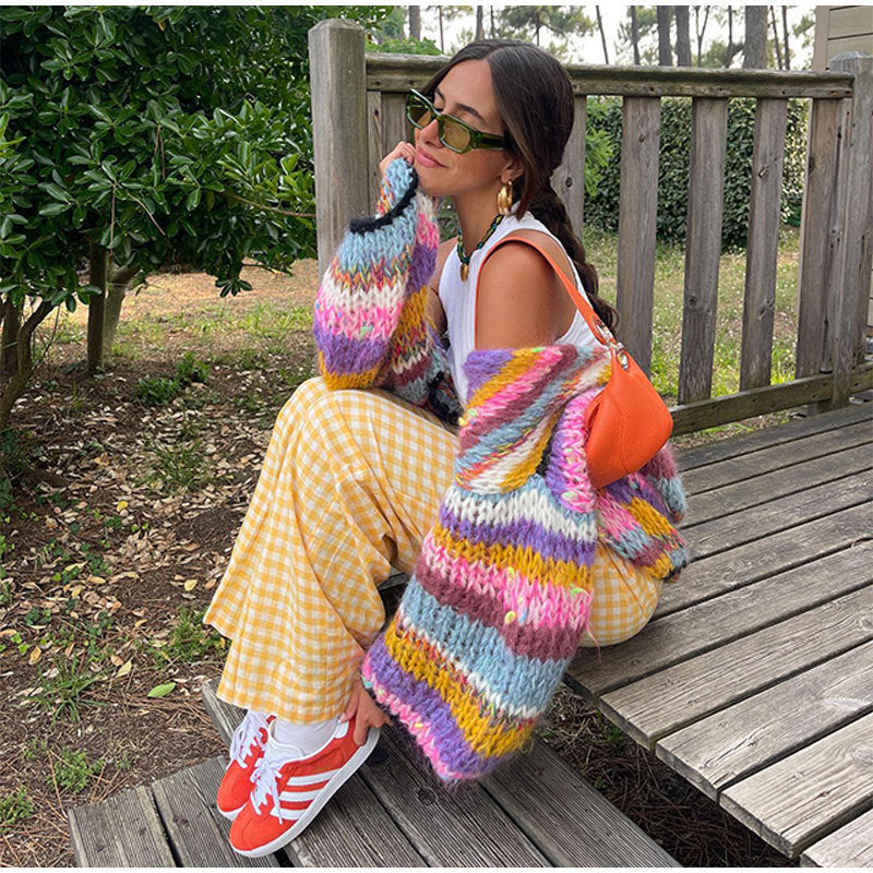 Women's Striped Long Sleeve Rainbow Plaid Cardigan Sweater - ANIBEY
