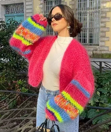 Women's Striped Long Sleeve Rainbow Plaid Cardigan Sweater - ANIBEY