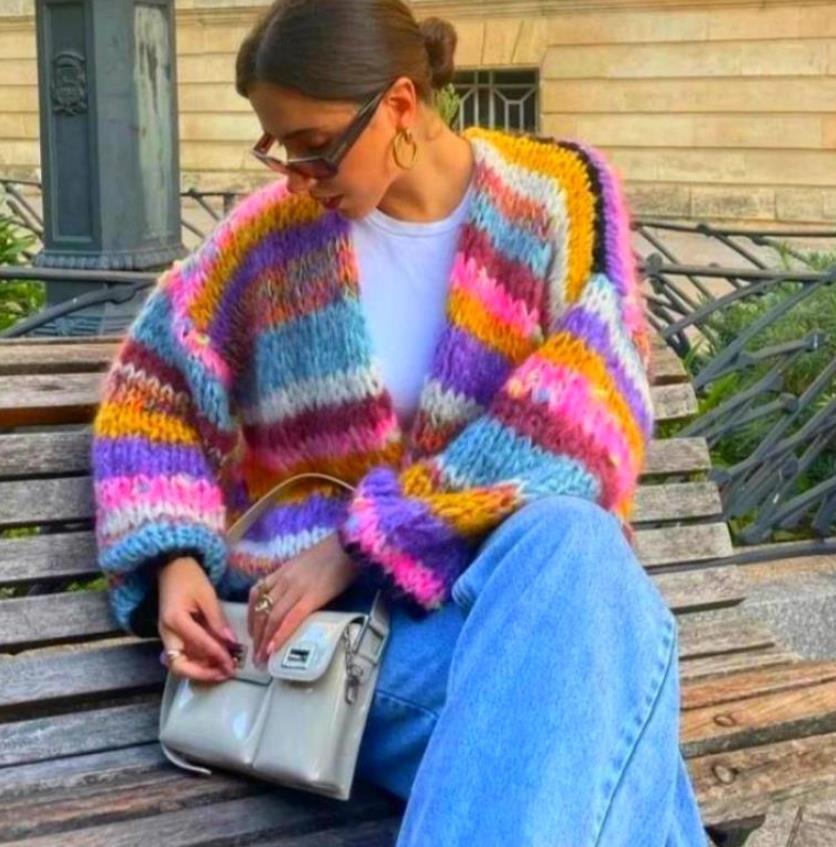 Women's Striped Long Sleeve Rainbow Plaid Cardigan Sweater - ANIBEY