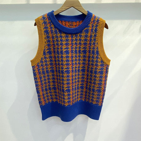 Houndstooth Purple Green Check Wool Vest - ANIBEY