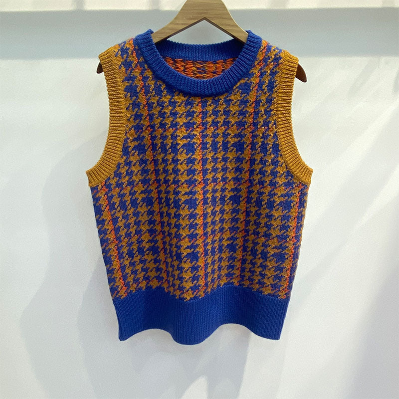 Houndstooth Purple Green Check Wool Vest - ANIBEY