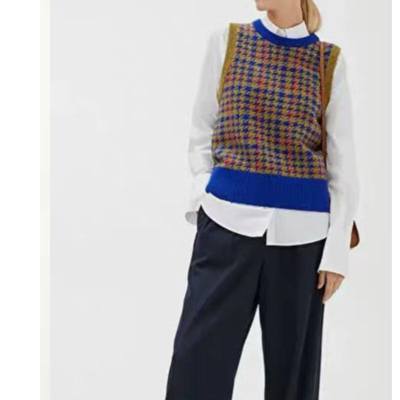 Houndstooth Purple Green Check Wool Vest - ANIBEY