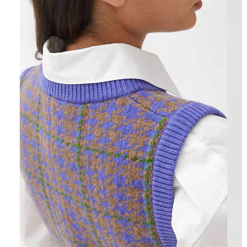 Houndstooth Purple Green Check Wool Vest - ANIBEY
